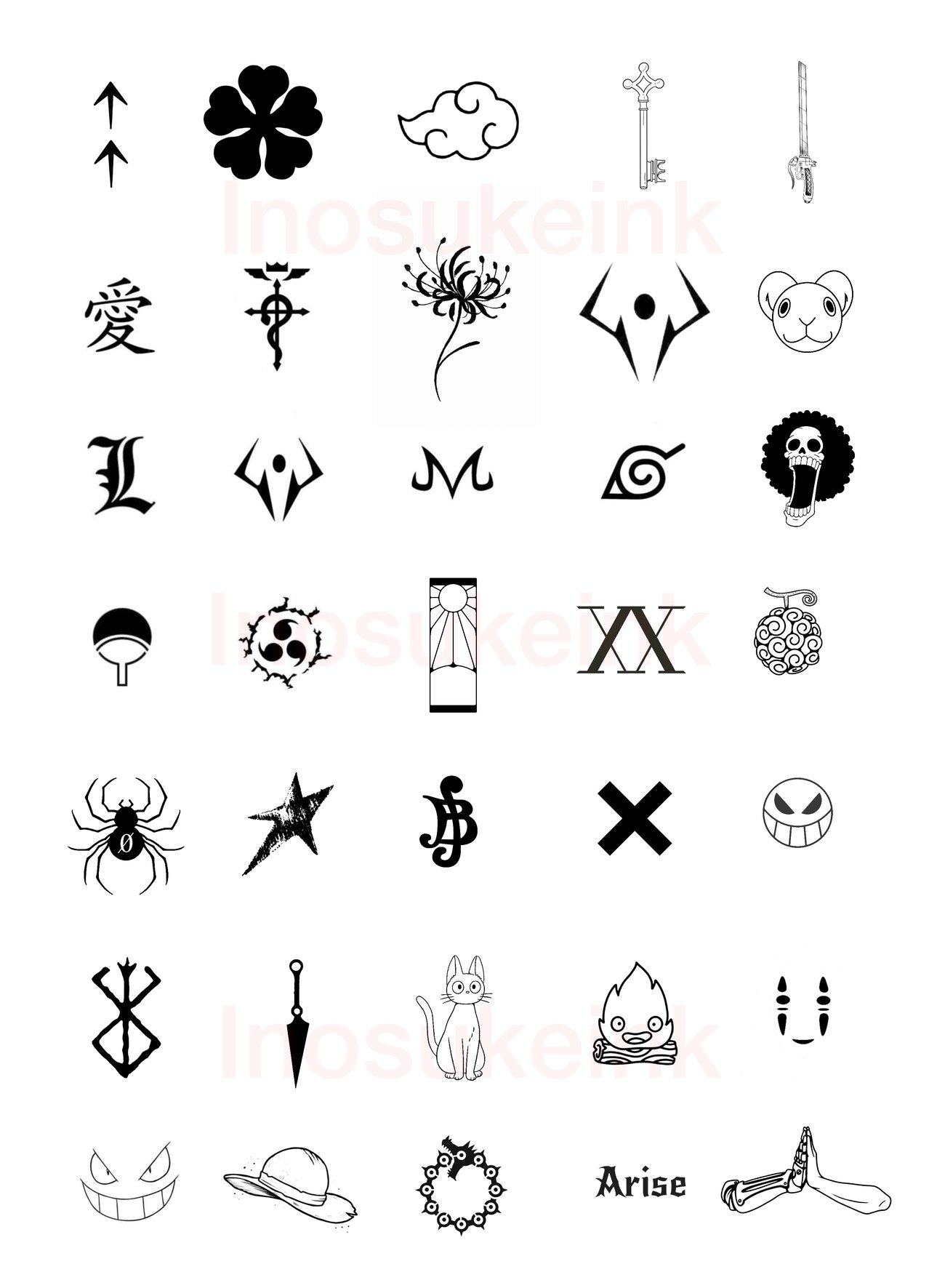 Subtle anime tattoo flash sheet by Inosuke Ink — small anime reference designs from One Piece, Naruto, Studio Ghibli and more, from 100 CHF, Zürich